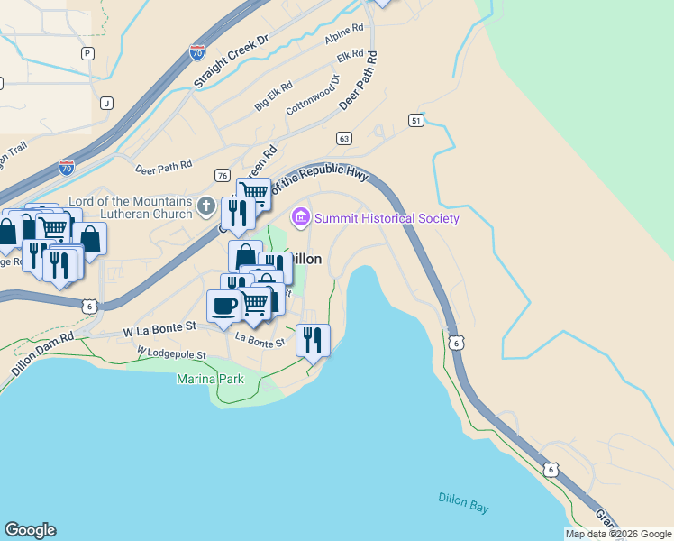 map of restaurants, bars, coffee shops, grocery stores, and more near 500 La Bonte Street in Dillon