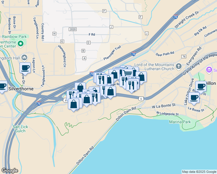 map of restaurants, bars, coffee shops, grocery stores, and more near 269 Dillon Ridge Road in Dillon