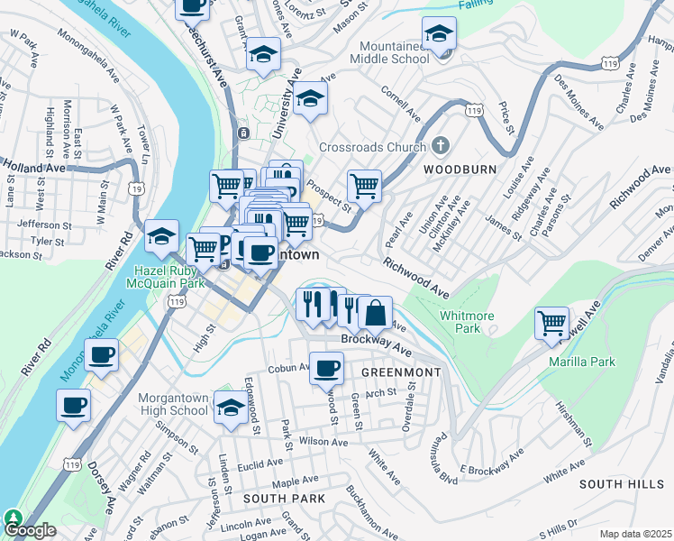 map of restaurants, bars, coffee shops, grocery stores, and more near Baird Street in Morgantown