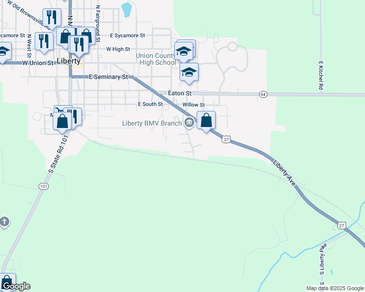 map of restaurants, bars, coffee shops, grocery stores, and more near 508 North McCabes Way in Liberty