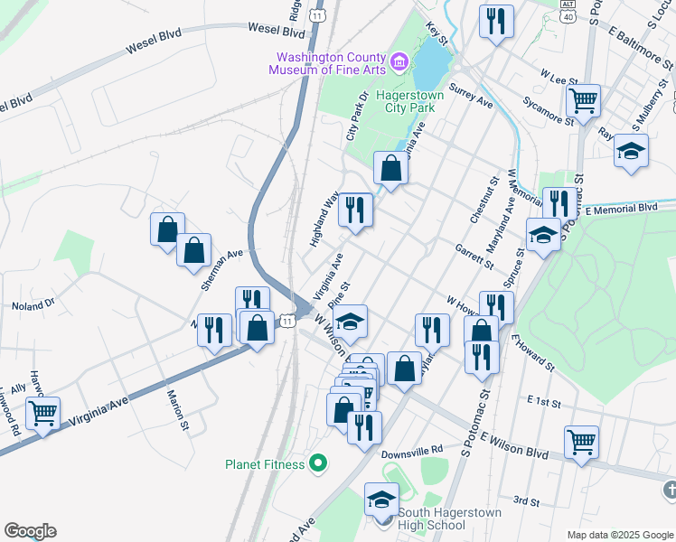 map of restaurants, bars, coffee shops, grocery stores, and more near 822 Virginia Avenue in Hagerstown