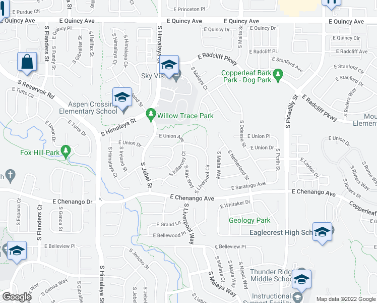 map of restaurants, bars, coffee shops, grocery stores, and more near 4770 South Lisbon Way in Aurora