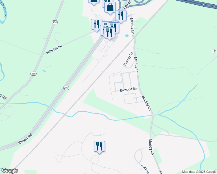 map of restaurants, bars, coffee shops, grocery stores, and more near 94 Hickory Lane in Elkton