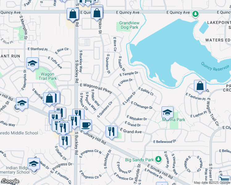 map of restaurants, bars, coffee shops, grocery stores, and more near 17215 East Wagontrail Parkway in Aurora