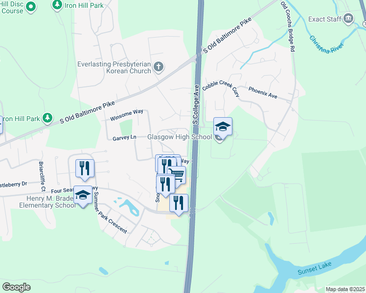 map of restaurants, bars, coffee shops, grocery stores, and more near Waters Edge Drive in New Castle County