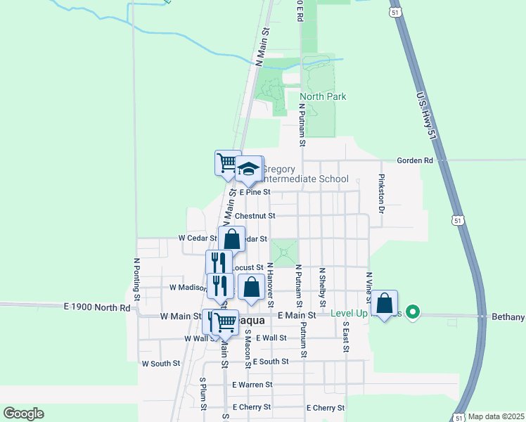 map of restaurants, bars, coffee shops, grocery stores, and more near 255-299 Chestnut Street in Moweaqua
