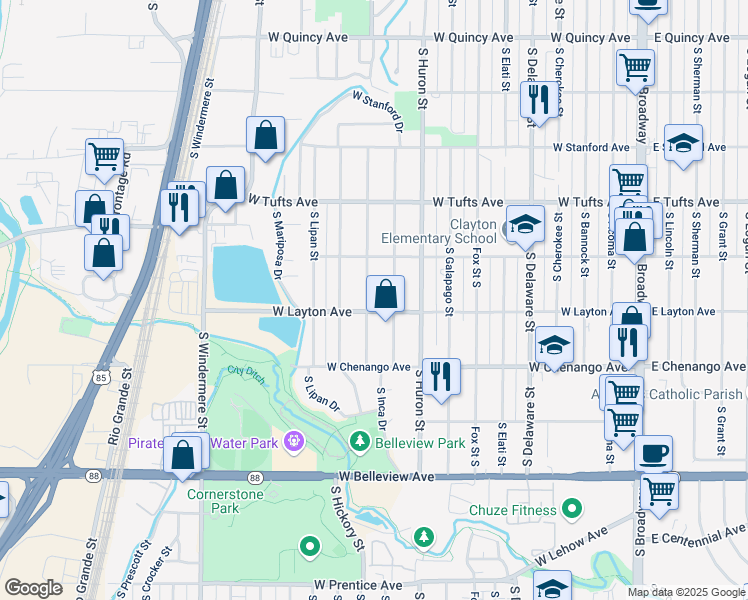 map of restaurants, bars, coffee shops, grocery stores, and more near 4780 South Jason Street in Englewood