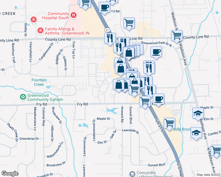 map of restaurants, bars, coffee shops, grocery stores, and more near 766 Loews Boulevard in Greenwood