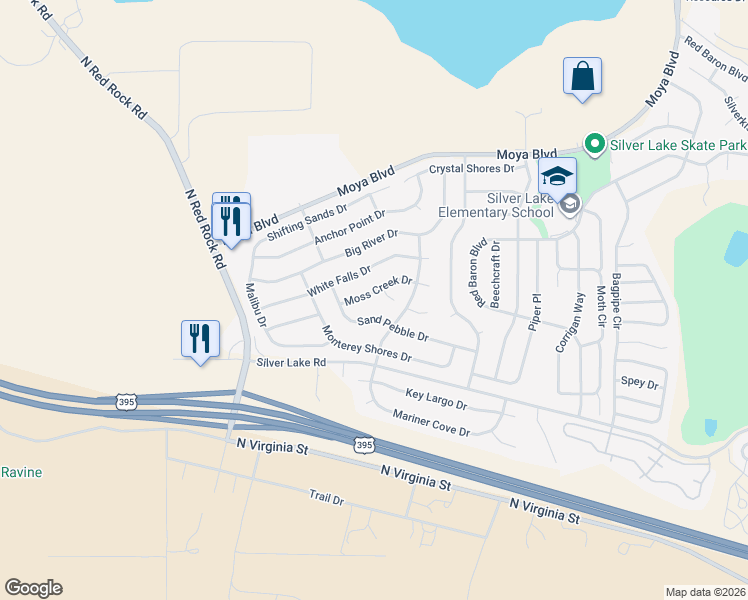 map of restaurants, bars, coffee shops, grocery stores, and more near 8004 Moss Creek Drive in Reno