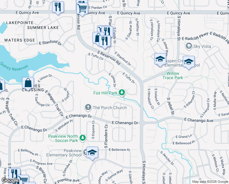 map of restaurants, bars, coffee shops, grocery stores, and more near 19774 East Union Drive in Centennial