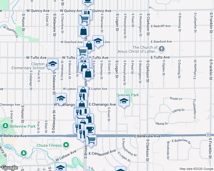 map of restaurants, bars, coffee shops, grocery stores, and more near 4780 South Sherman Street in Englewood