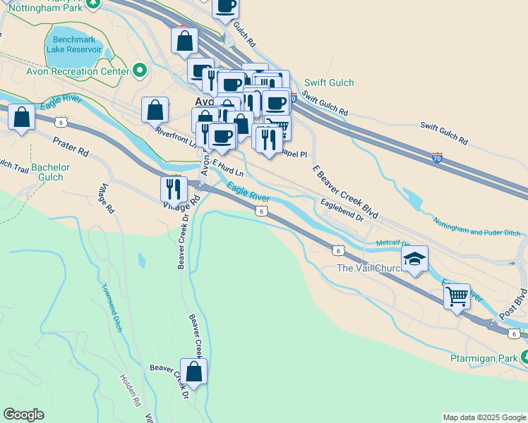 map of restaurants, bars, coffee shops, grocery stores, and more near in Avon