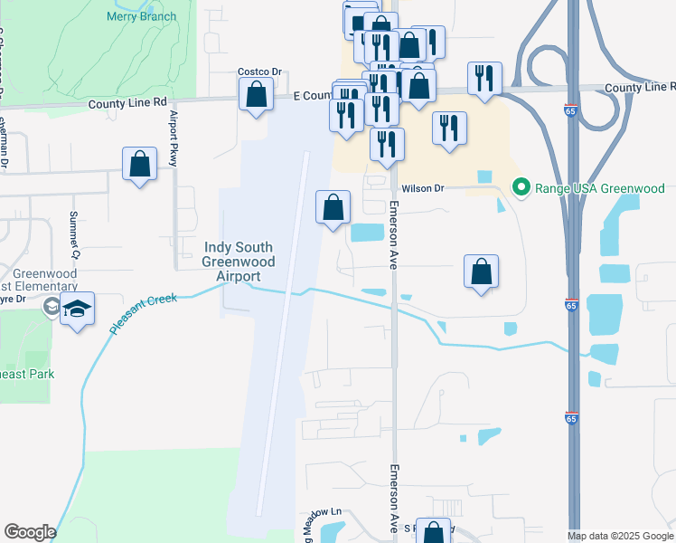 map of restaurants, bars, coffee shops, grocery stores, and more near Emerson Parkway in Greenwood