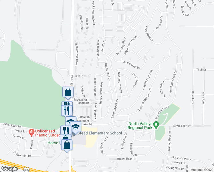 map of restaurants, bars, coffee shops, grocery stores, and more near Pine Tree Court in Reno