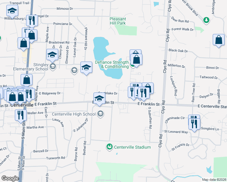 map of restaurants, bars, coffee shops, grocery stores, and more near 125 Southlake Drive in Dayton
