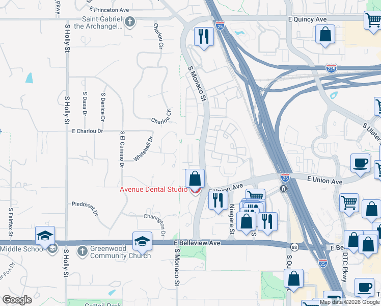 map of restaurants, bars, coffee shops, grocery stores, and more near 4665 South Monaco Street in Denver
