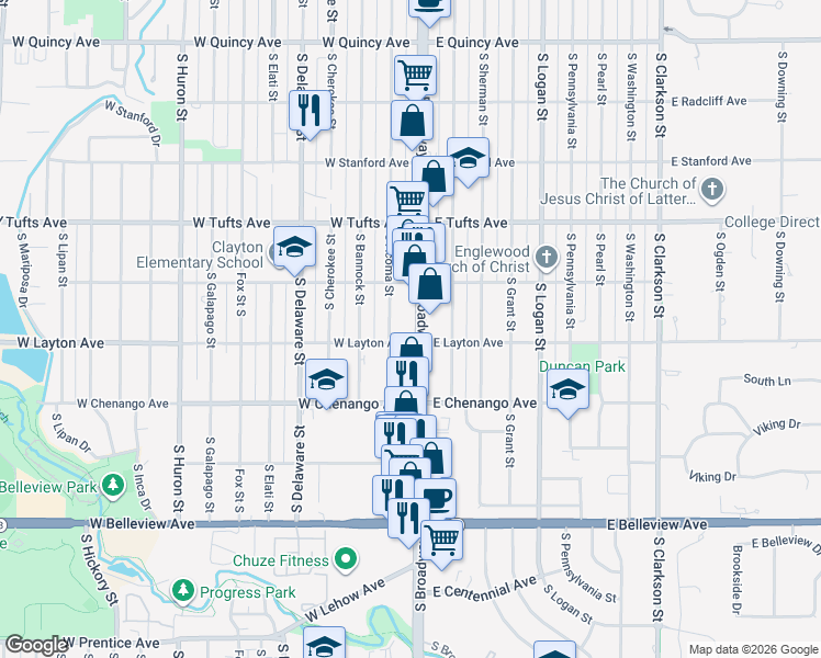 map of restaurants, bars, coffee shops, grocery stores, and more near 4775 South Broadway in Englewood