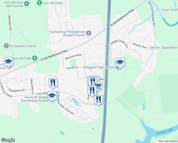 map of restaurants, bars, coffee shops, grocery stores, and more near 2404 Waters Edge Drive in Newark