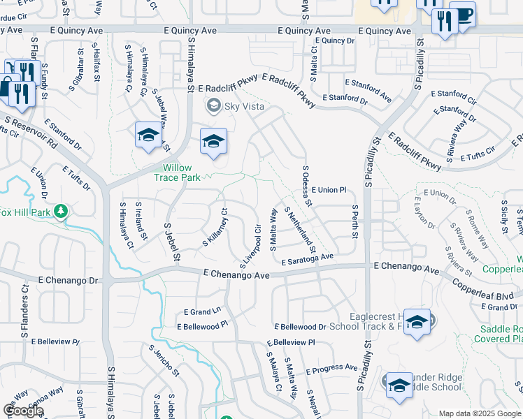 map of restaurants, bars, coffee shops, grocery stores, and more near 4766 South Liverpool Court in Aurora