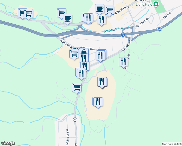 map of restaurants, bars, coffee shops, grocery stores, and more near 12108 Winchester Road in La Vale