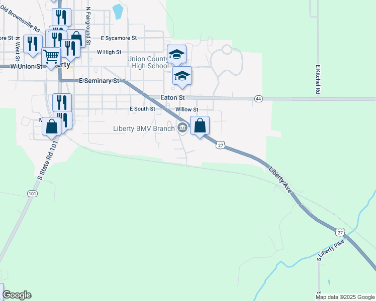 map of restaurants, bars, coffee shops, grocery stores, and more near 429 Sunset Drive in Liberty