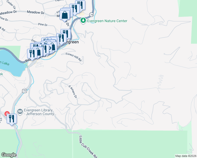 map of restaurants, bars, coffee shops, grocery stores, and more near 27661 Fern Gulch Drive in Evergreen