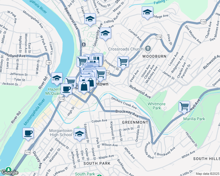 map of restaurants, bars, coffee shops, grocery stores, and more near 437 Baird Street in Morgantown