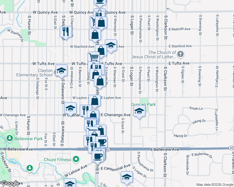 map of restaurants, bars, coffee shops, grocery stores, and more near 4780 South Sherman Street in Englewood