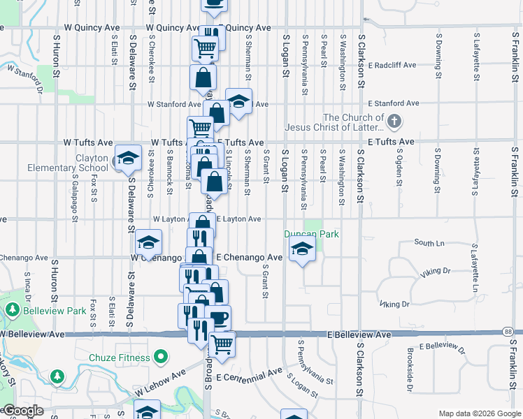 map of restaurants, bars, coffee shops, grocery stores, and more near 4780 South Sherman Street in Englewood