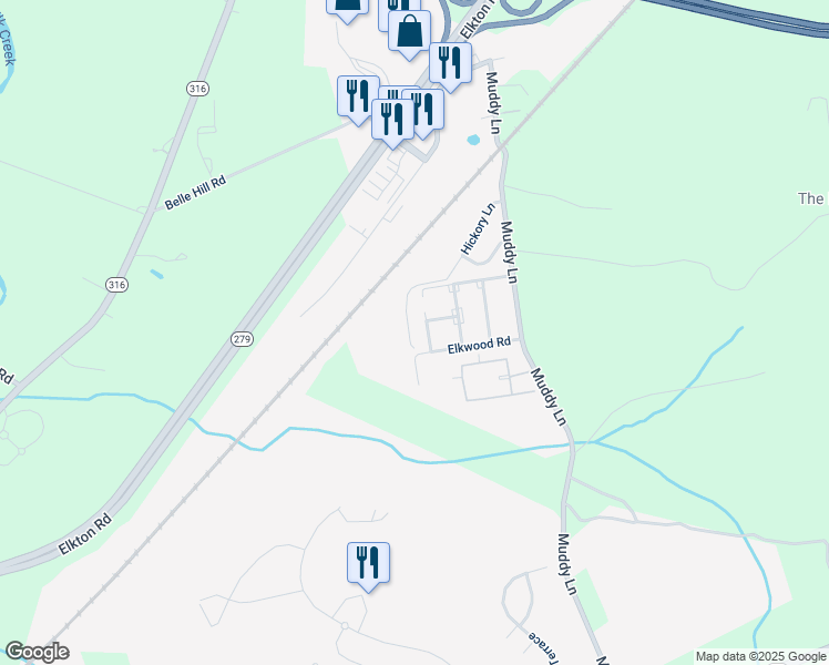 map of restaurants, bars, coffee shops, grocery stores, and more near 94 Hickory Lane in Elkton