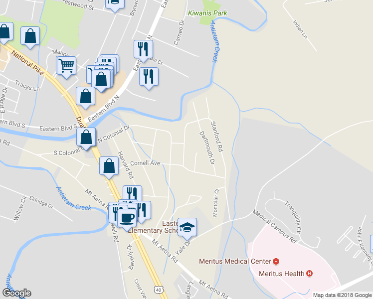 map of restaurants, bars, coffee shops, grocery stores, and more near 18 Stanford Road in Hagerstown