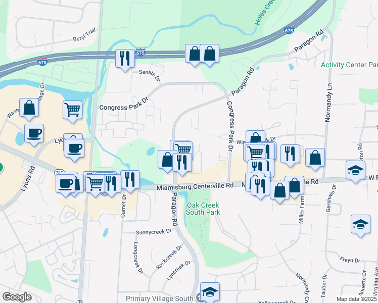 map of restaurants, bars, coffee shops, grocery stores, and more near 7933 Washington Woods Drive in Centerville