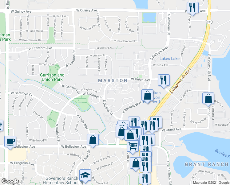 map of restaurants, bars, coffee shops, grocery stores, and more near Dudley Avenue in Denver