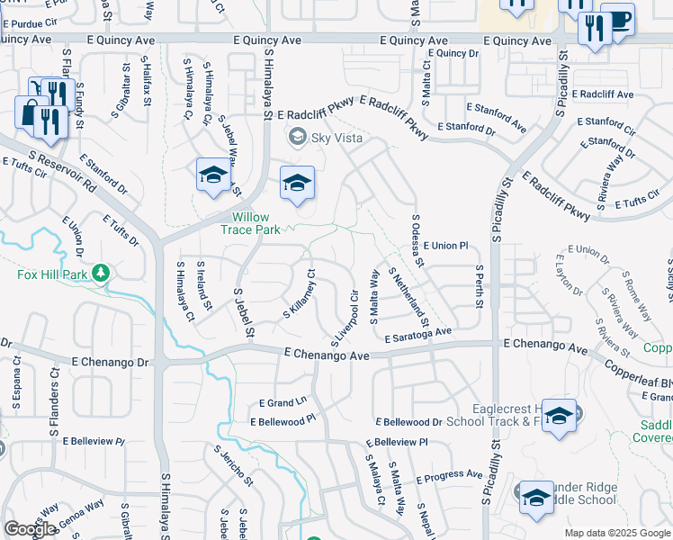 map of restaurants, bars, coffee shops, grocery stores, and more near 4770 South Lisbon Way in Aurora