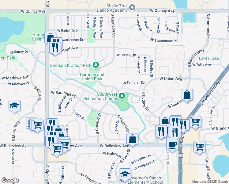 map of restaurants, bars, coffee shops, grocery stores, and more near 4784 South Gar Way in Littleton