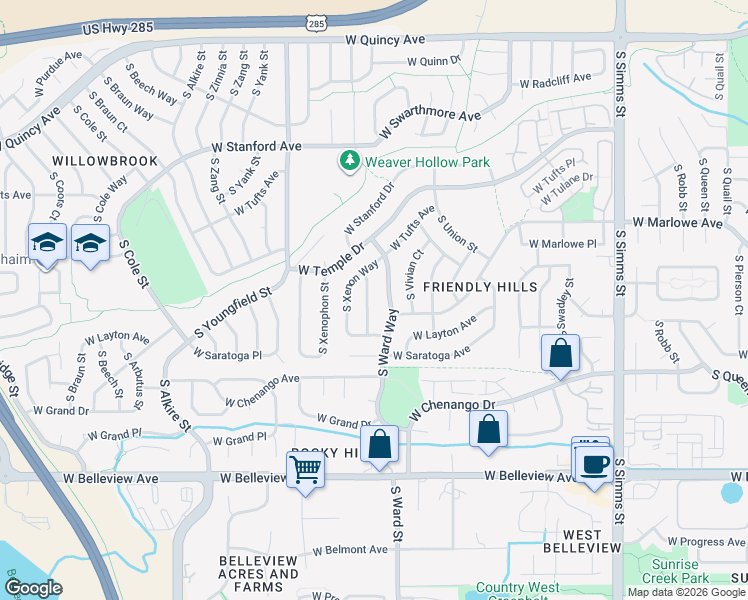 map of restaurants, bars, coffee shops, grocery stores, and more near 4680 South Wright Way in Morrison