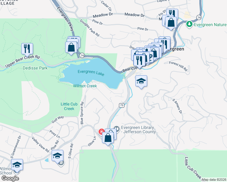 map of restaurants, bars, coffee shops, grocery stores, and more near 4778 South Blue Spruce Road in Evergreen