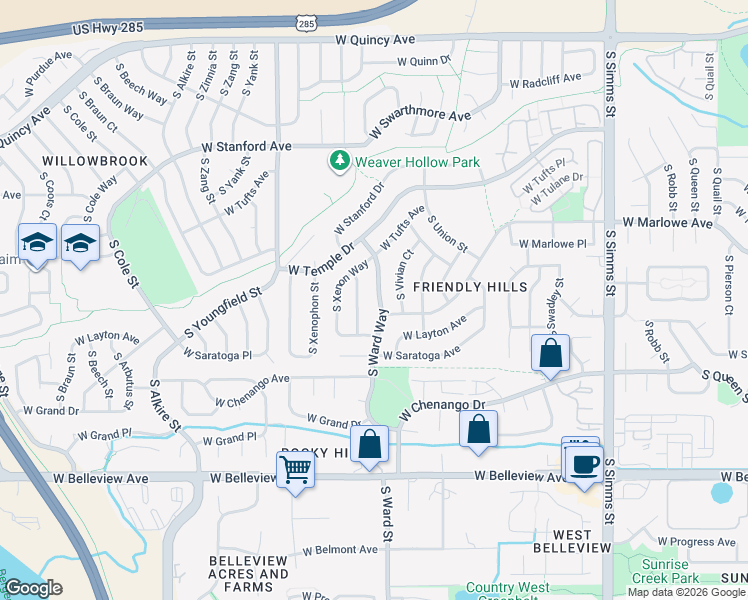 map of restaurants, bars, coffee shops, grocery stores, and more near 4680 South Wright Way in Morrison