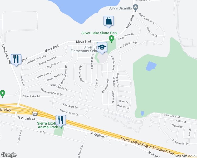 map of restaurants, bars, coffee shops, grocery stores, and more near 8594 Piper Place in Reno