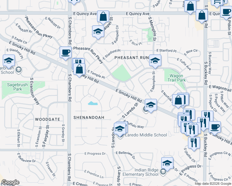 map of restaurants, bars, coffee shops, grocery stores, and more near 4817 South Kalispell Street in Aurora