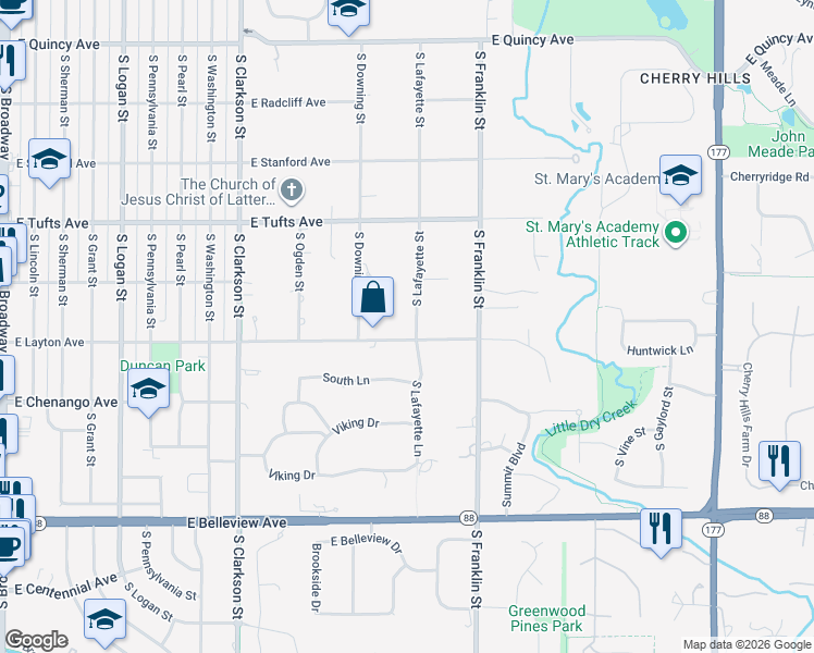 map of restaurants, bars, coffee shops, grocery stores, and more near 5050 South Lafayette Street in Cherry Hills Village