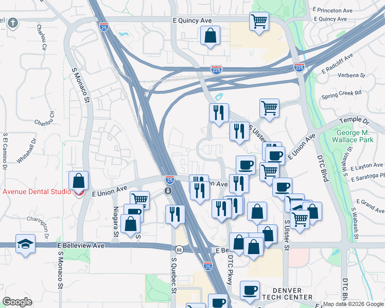 map of restaurants, bars, coffee shops, grocery stores, and more near 7571 East Technology Way in Denver