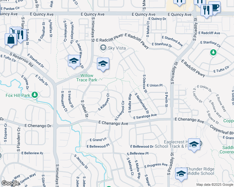 map of restaurants, bars, coffee shops, grocery stores, and more near 4770 South Lisbon Way in Aurora