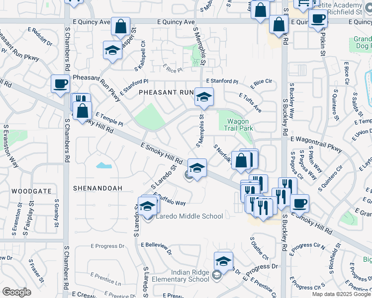 map of restaurants, bars, coffee shops, grocery stores, and more near in Aurora