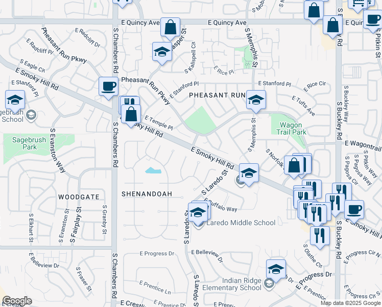 map of restaurants, bars, coffee shops, grocery stores, and more near 4817 South Kalispell Street in Aurora