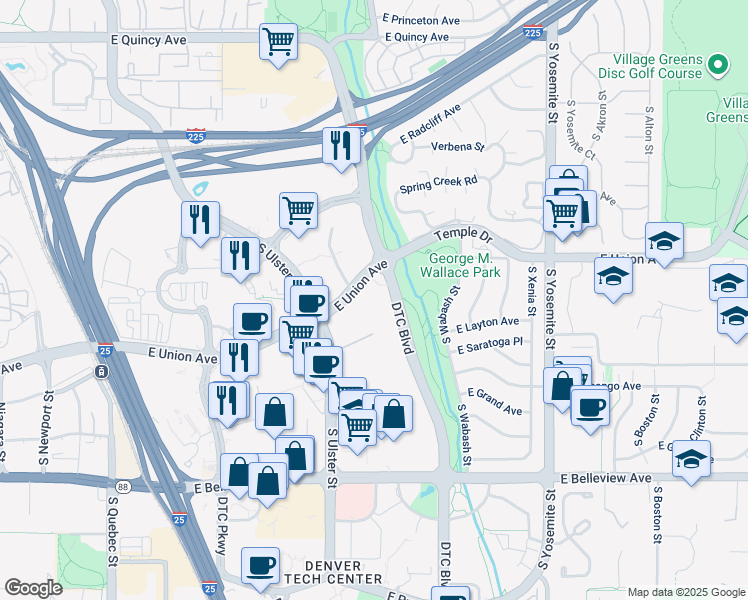 map of restaurants, bars, coffee shops, grocery stores, and more near 4875 Dtc Boulevard in Denver