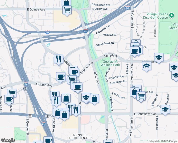 map of restaurants, bars, coffee shops, grocery stores, and more near 4875 Dtc Boulevard in Denver