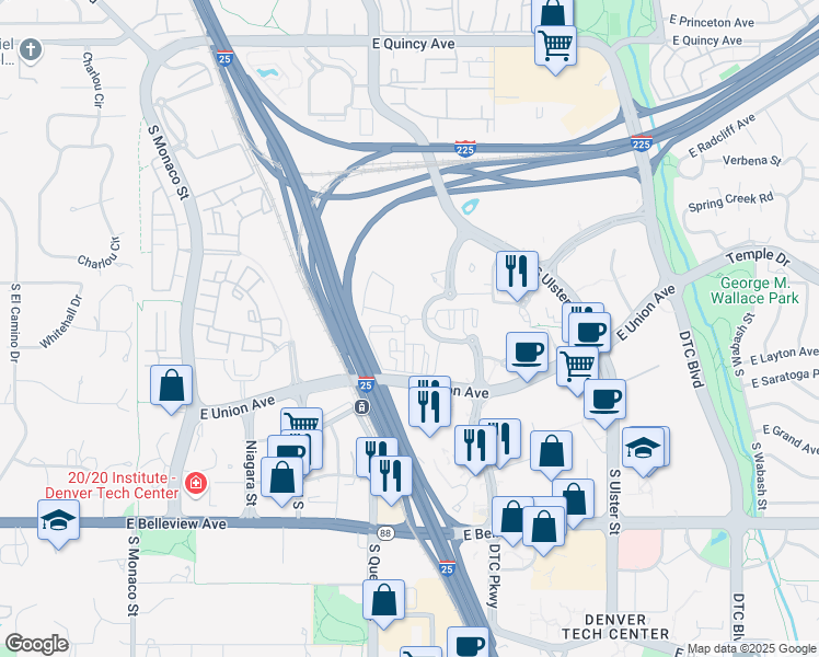 map of restaurants, bars, coffee shops, grocery stores, and more near 7571 East Technology Way in Denver