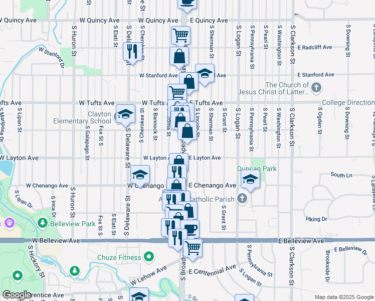 map of restaurants, bars, coffee shops, grocery stores, and more near 4775 South Broadway in Englewood