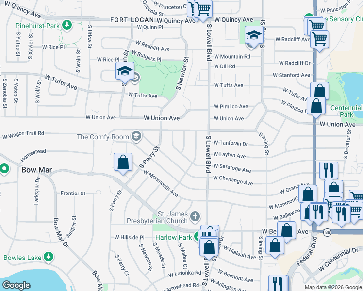 map of restaurants, bars, coffee shops, grocery stores, and more near 3841 West Saratoga Avenue in Littleton